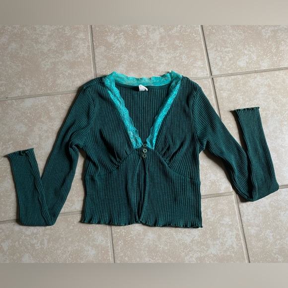 Urban outfitters dark green with a teal lace half button up top. - Picture 1 of 16